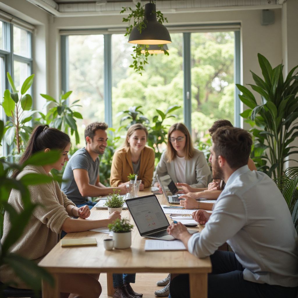Team members collaborating in bright modern office space