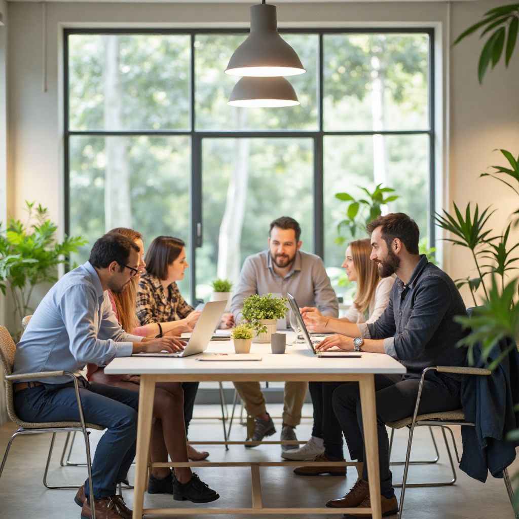 Team members collaborating in a creative workspace